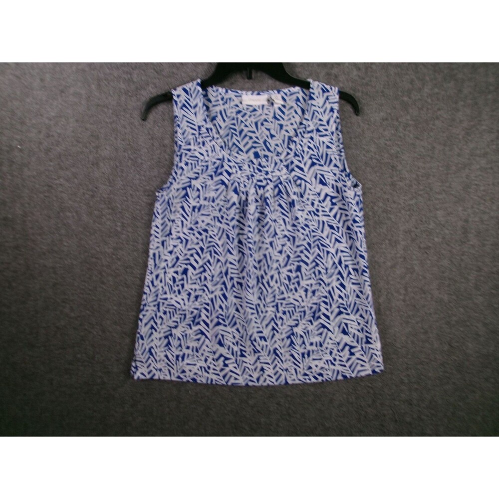 Chicos Tank Top Womens 0 Blue White Scoop Neck Pleated Sleeveless Office Casual